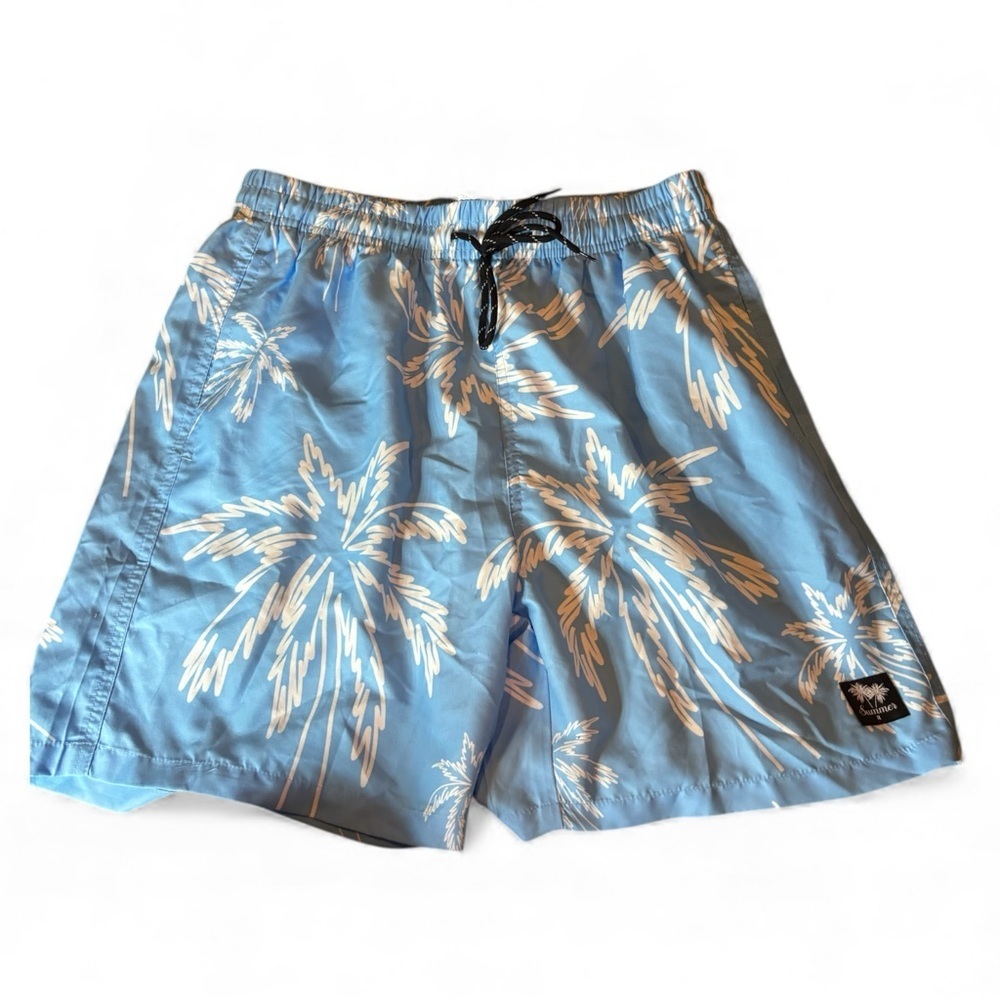 SHEIN Men’s Blue Palm Tree Swim Trunks Size M Waist Drawstring Board Shorts